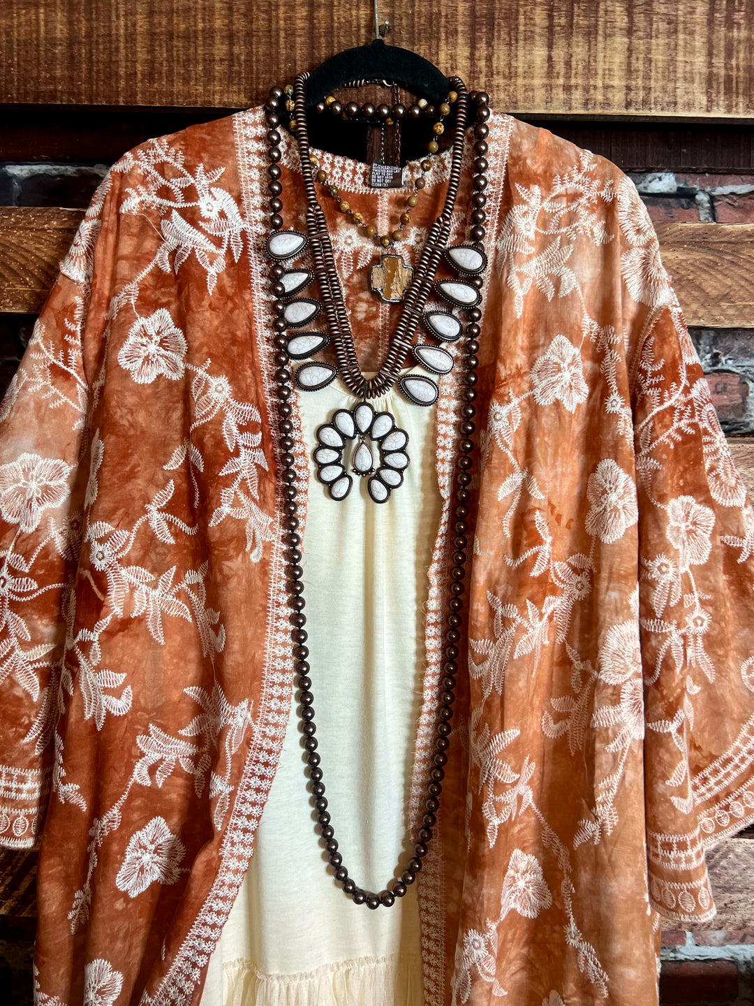 Le Bohemian Magic Dance Rust Beige Tie Dye Embroidered Kimono