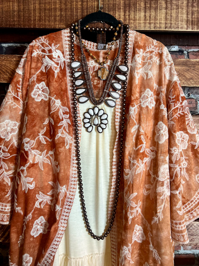 Le Bohemian Magic Dance Tie Dye & Embroidered Kimono in Beige & Rust