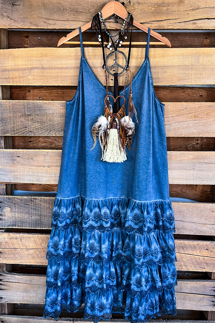Lacey Layers Maxi Dress Cotton Linen Blend - Made in USA - Blue Denim