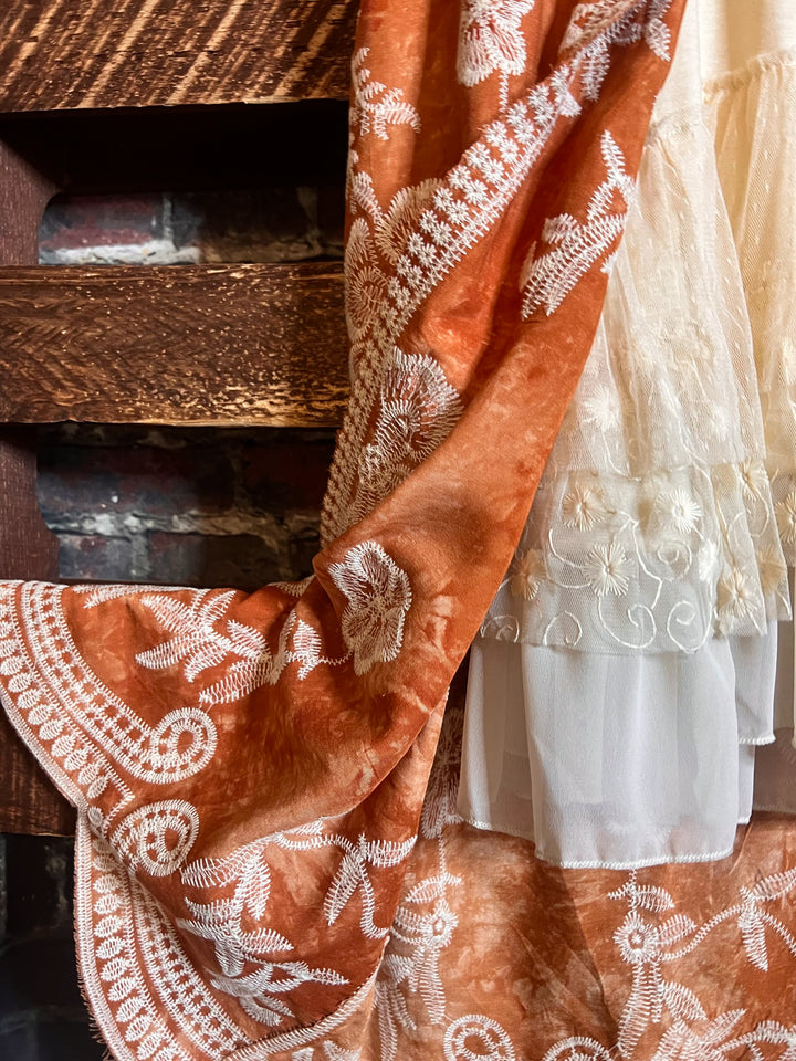 Le Bohemian Magic Dance Rust Beige Tie Dye Embroidered Kimono