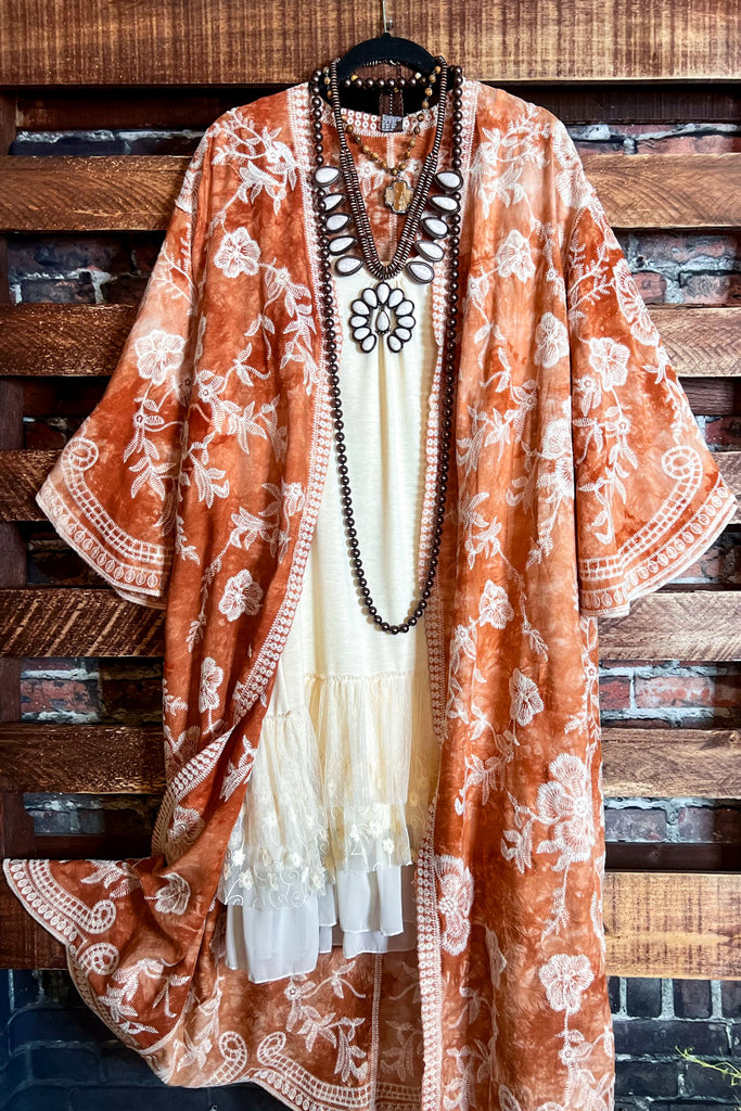 Le Bohemian Magic Dance Tie Dye & Embroidered Kimono in Beige & Rust