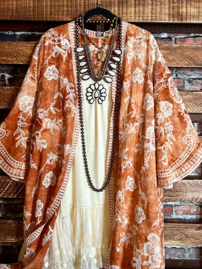 Le Bohemian Magic Dance Tie Dye & Embroidered Kimono in Beige & Rust