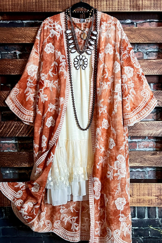 Le Bohemian Magic Dance Tie Dye & Embroidered Kimono in Beige & Rust