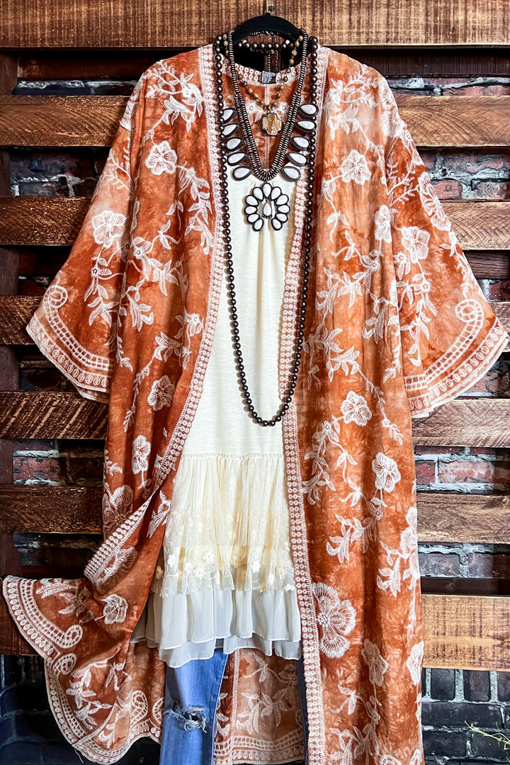 Le Bohemian Magic Dance Rust Beige Tie Dye Embroidered Kimono