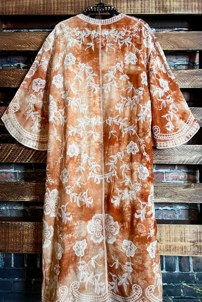 Le Bohemian Magic Dance Tie Dye & Embroidered Kimono in Beige & Rust