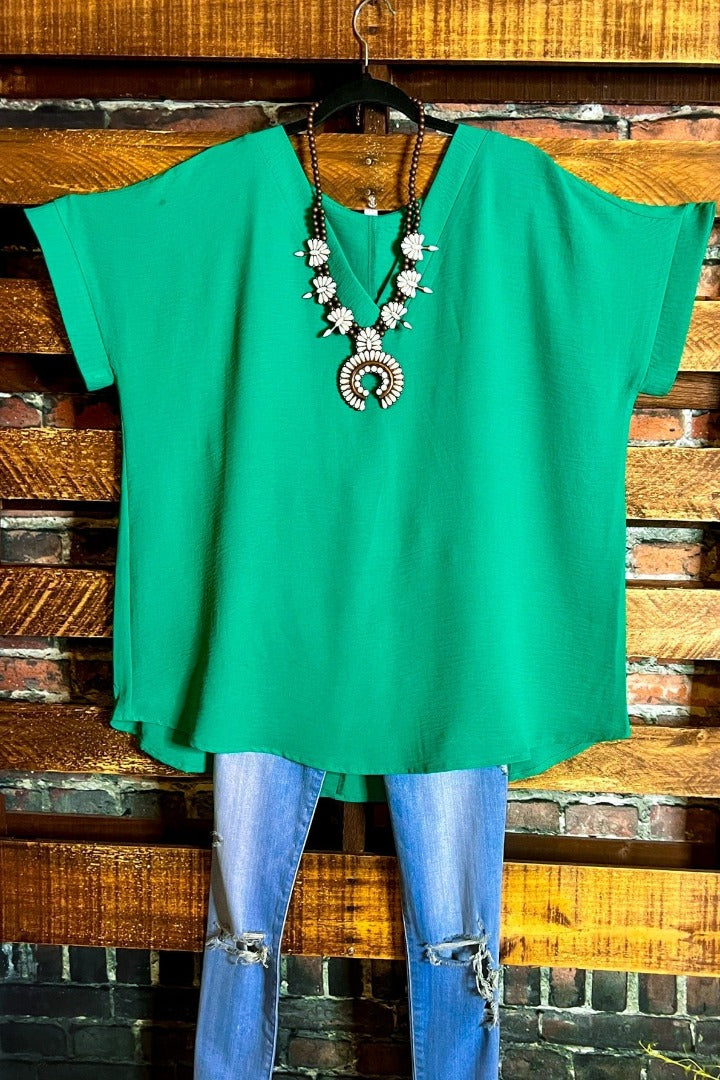 BEGIN AGAIN COMFY KELLY GREEN TOP BLOUSE