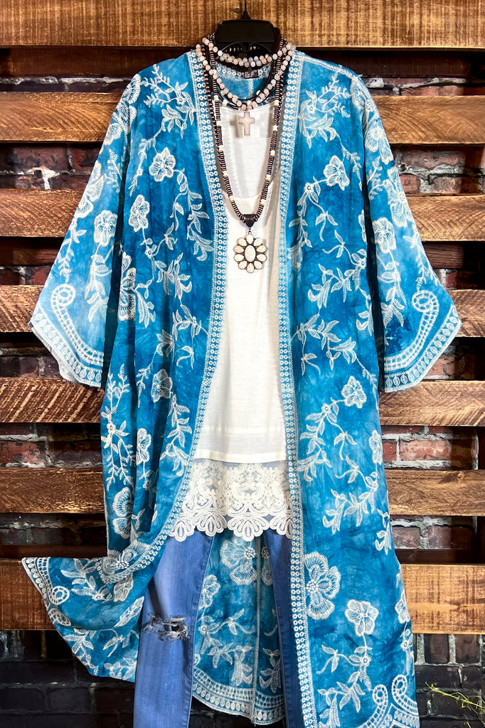 Le Bohemian Magic Dance Tie Dye & Embroidered Kimono in Teal Aqua