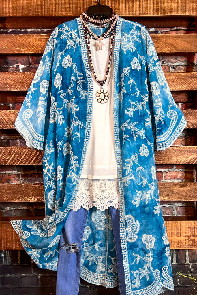 Le Bohemian Magic Dance Tie Dye & Embroidered Kimono in Teal Aqua