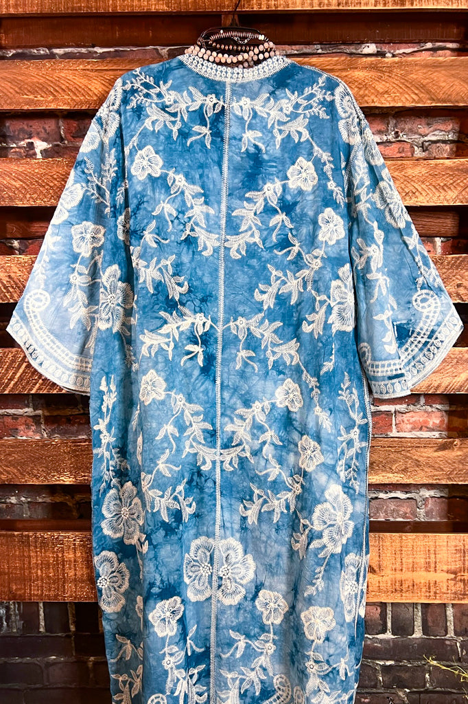 Le Bohemian Magic Dance Tie Dye & Embroidered Kimono in Teal Aqua