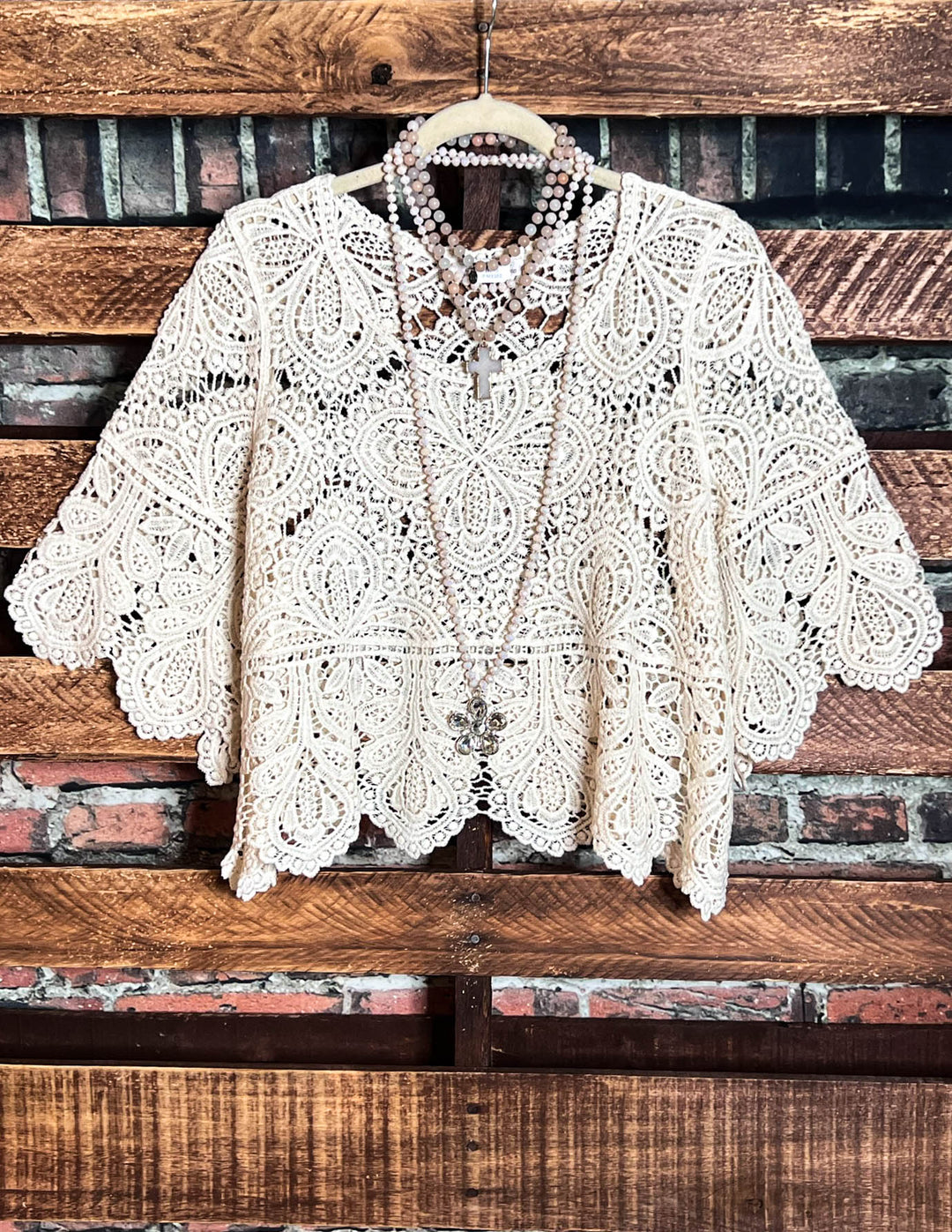 BY THE LIGHT OF THE MOON ROMANCE CROCHET TOP BEIGE