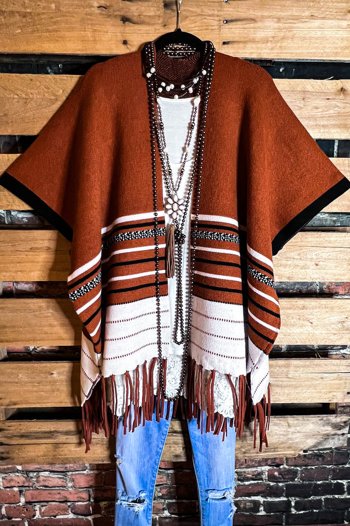 Everything You Need Luxe Cardigan Ruana Fringed In Rust Brown