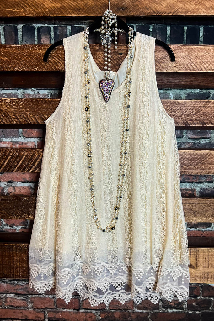LOST IN LOVE BEIGE LACE TUNIC DRESS