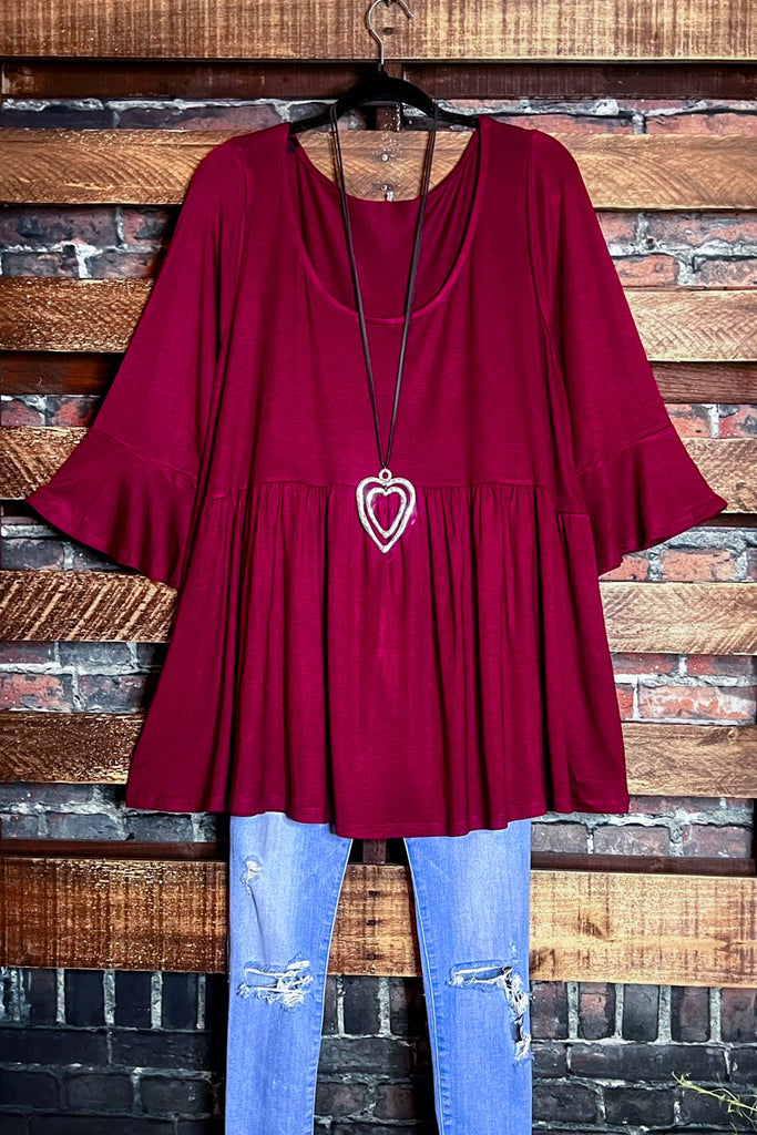 JUST RELAX  CASUAL COMFY BABYDOLL TOP IN BURGUNDY