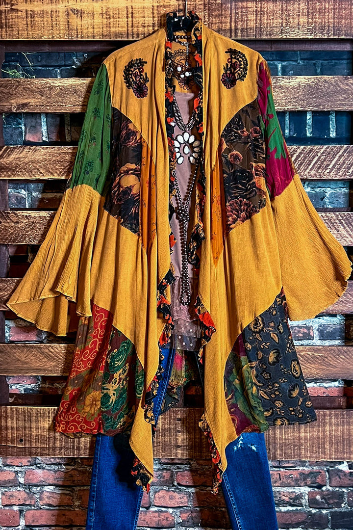 MAGIC OF NEW BEGINNINGS PEASANT KIMONO IN CAMEL & MULTI-COLOR