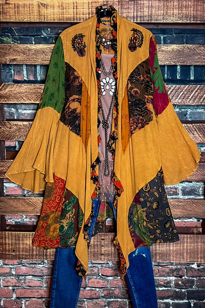 MAGIC OF NEW BEGINNINGS PEASANT KIMONO IN CAMEL & MULTI-COLOR