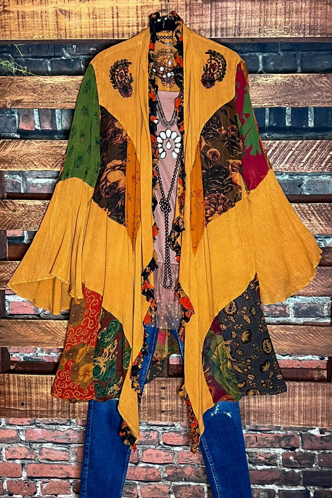 MAGIC OF NEW BEGINNINGS PEASANT KIMONO IN CAMEL & MULTI-COLOR