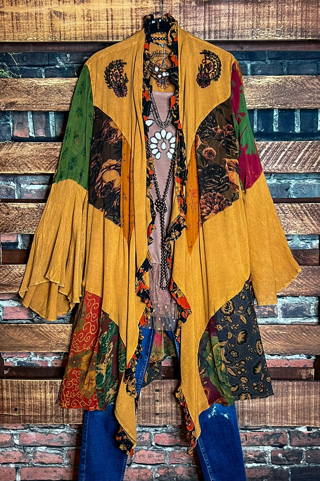 MAGIC OF NEW BEGINNINGS PEASANT KIMONO IN CAMEL & MULTI-COLOR