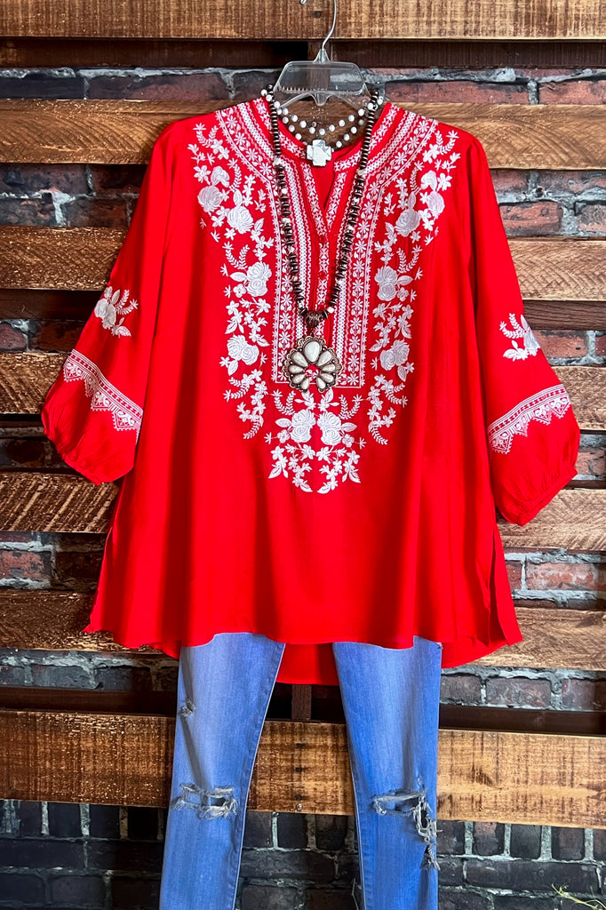 GRACEFUL MOVEMENTS RED EMBROIDERED TOP