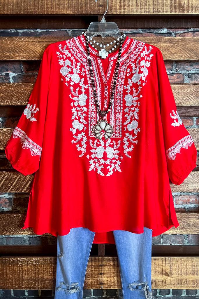 GRACEFUL MOVEMENTS RED EMBROIDERED TOP