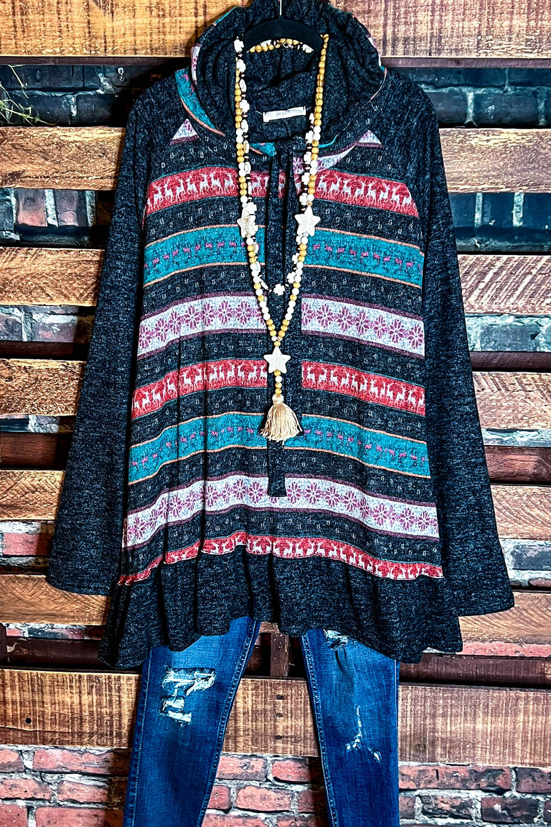 That Cozy Feeling Hoodie Sweater Tunic Charcoal & Multi-Color------Sale