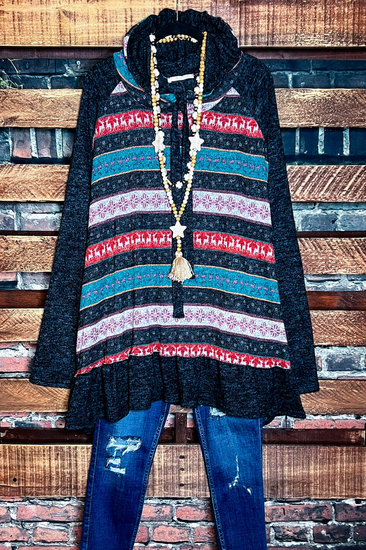 That Cozy Feeling Hoodie Sweater Tunic Charcoal & Multi-Color------Sale