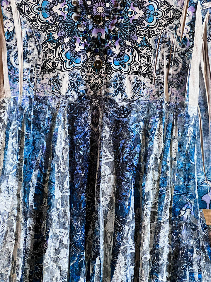 MAGIC OF CHOOSING JOY LACE & SUEDE SHIRT DRESS JACKET IN NAVY BLUE