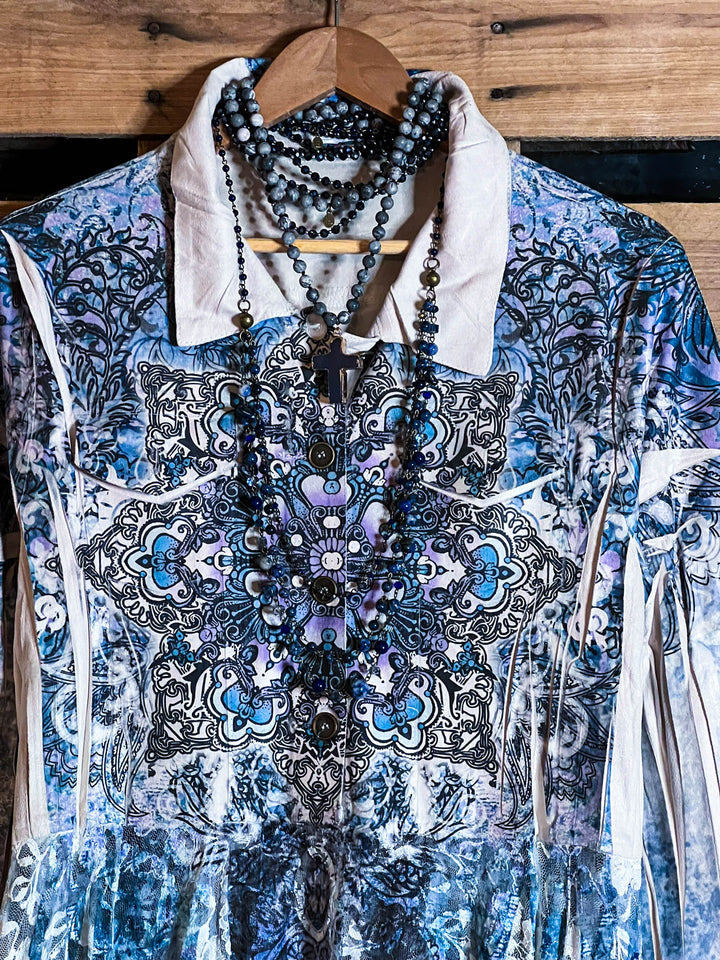 MAGIC OF CHOOSING JOY LACE & SUEDE SHIRT DRESS JACKET IN NAVY BLUE