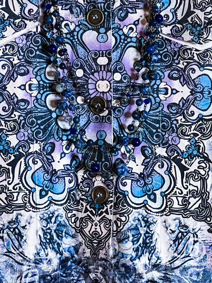 MAGIC OF CHOOSING JOY LACE & SUEDE SHIRT DRESS JACKET IN NAVY BLUE