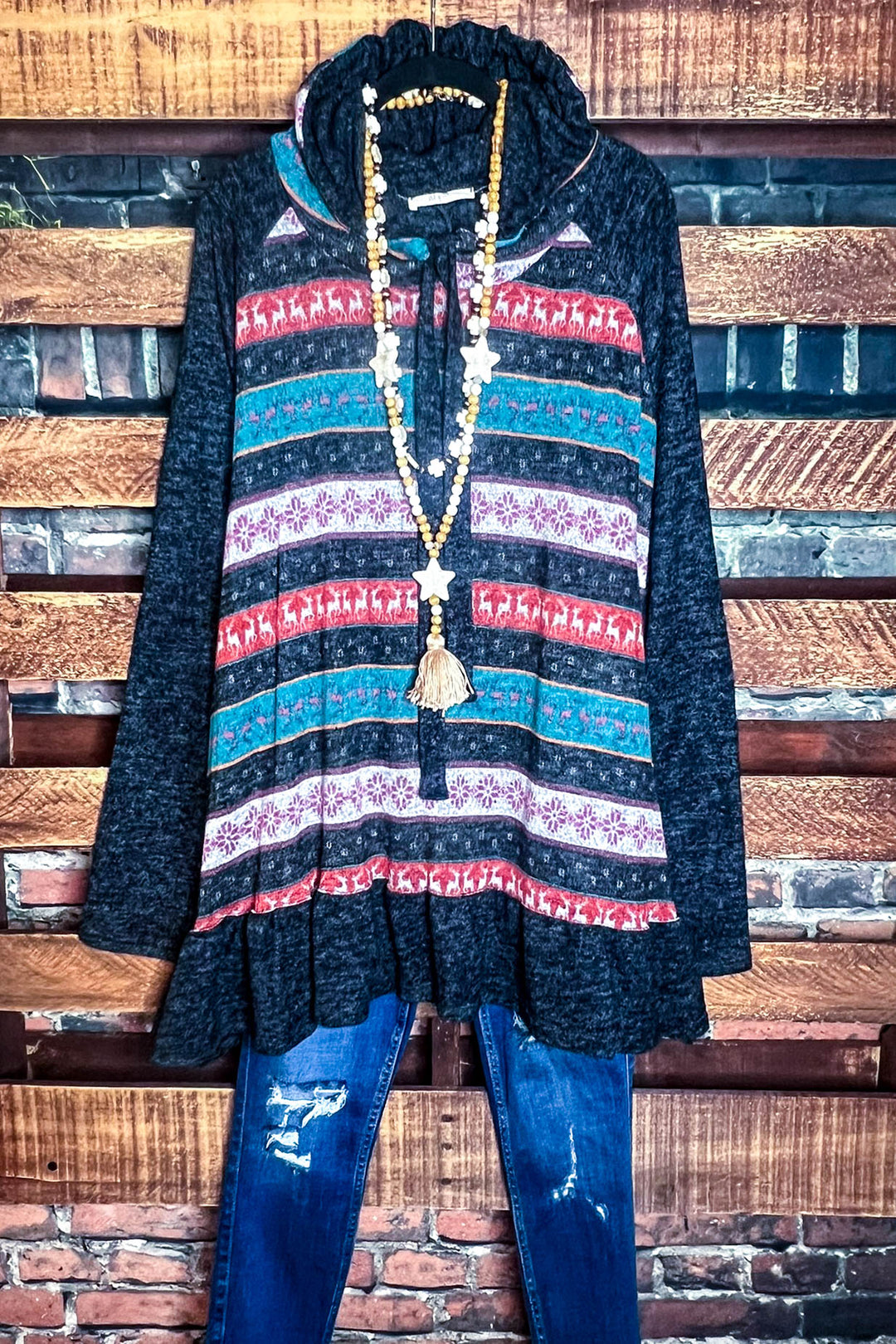 That Cozy Feeling Hoodie Sweater Tunic Charcoal & Multi-Color------Sale