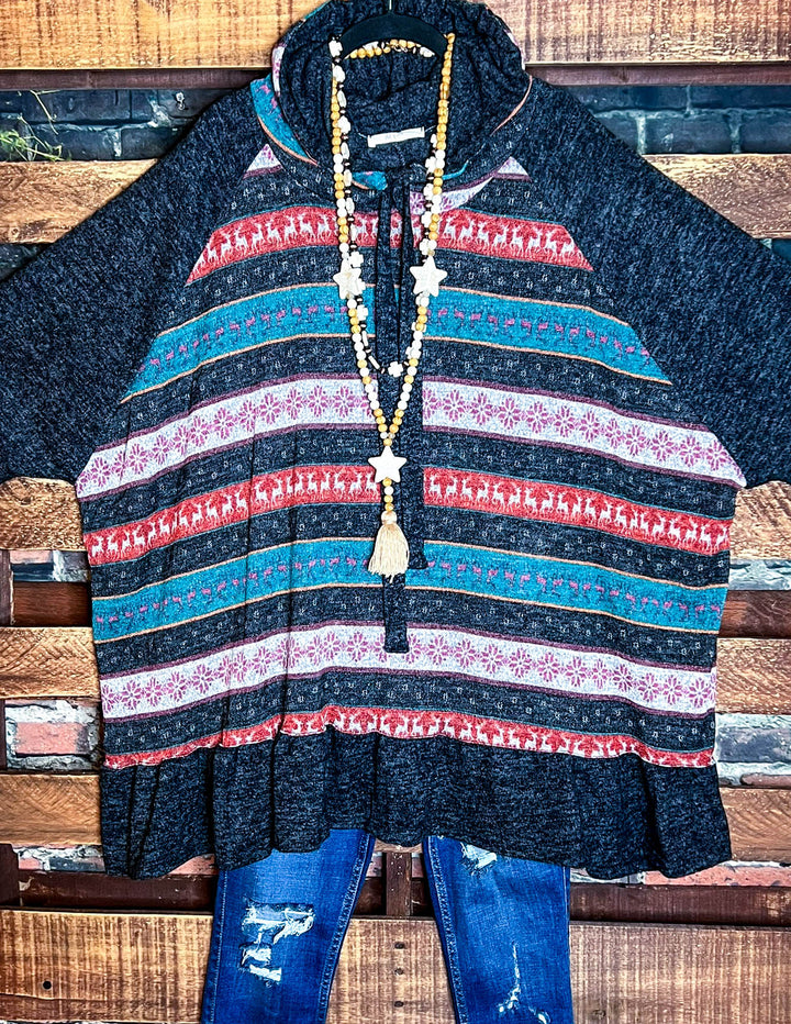 That Cozy Feeling Hoodie Sweater Tunic Charcoal & Multi-Color------Sale