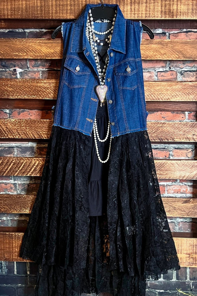 NEVER OUT OF STYLE BLUE DENIM & BLACK LACE LONG VEST