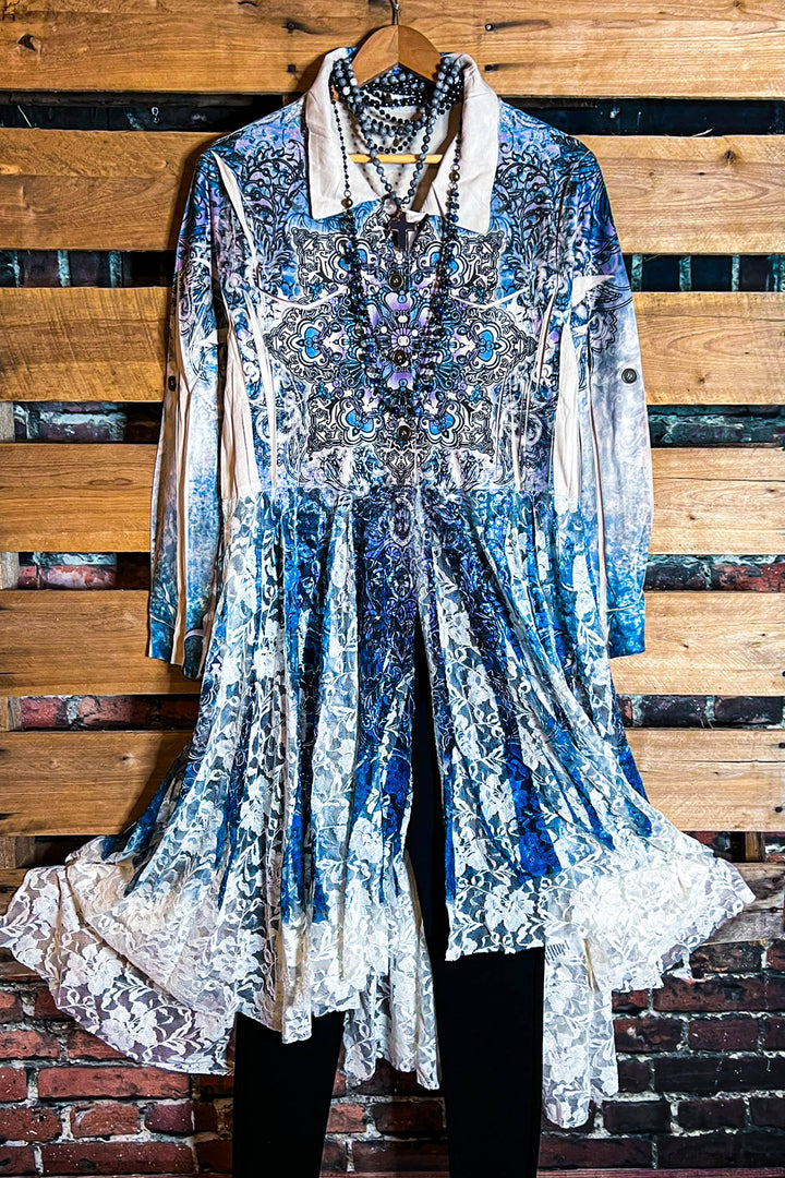 MAGIC OF CHOOSING JOY LACE & SUEDE SHIRT DRESS JACKET IN NAVY BLUE