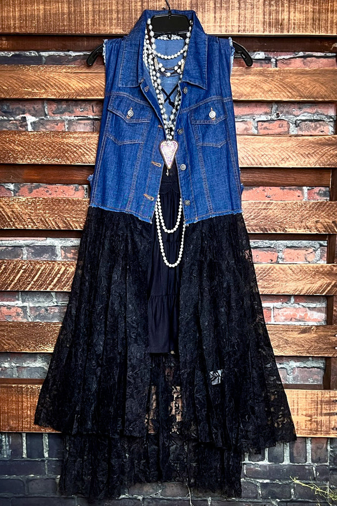 NEVER OUT OF STYLE BLUE DENIM & BLACK LACE LONG VEST