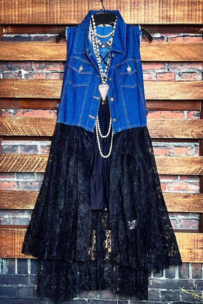 NEVER OUT OF STYLE BLUE DENIM & BLACK LACE LONG VEST