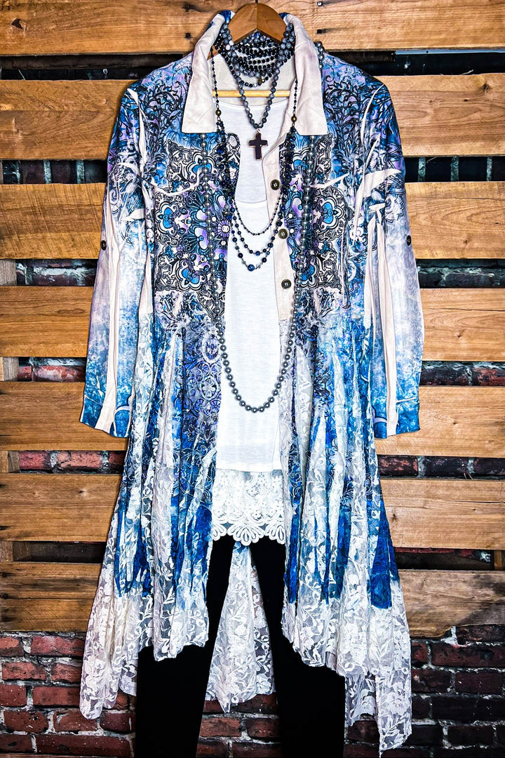 MAGIC OF CHOOSING JOY LACE & SUEDE SHIRT DRESS JACKET IN NAVY BLUE