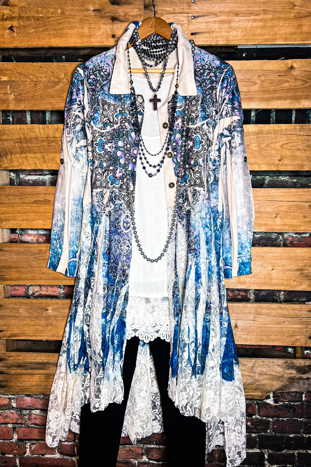 MAGIC OF CHOOSING JOY LACE & SUEDE SHIRT DRESS JACKET IN NAVY BLUE