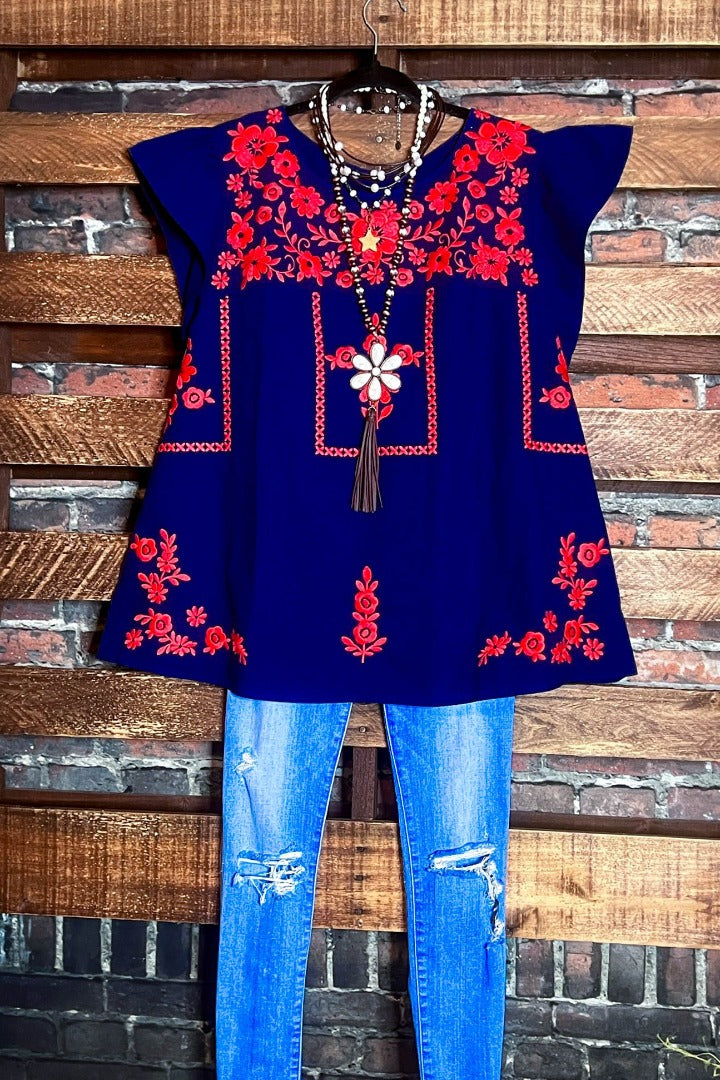 100% COTTON EMBROIDERED BLOUSE IN NAVY BLUE ------- SALE