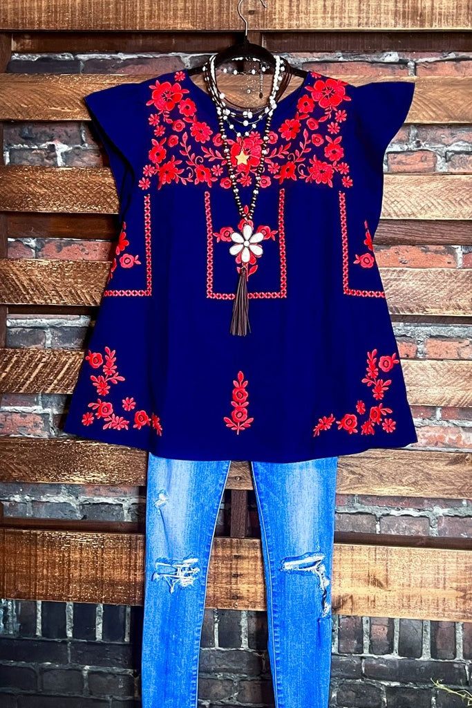 100% COTTON EMBROIDERED BLOUSE IN NAVY BLUE ------- SALE