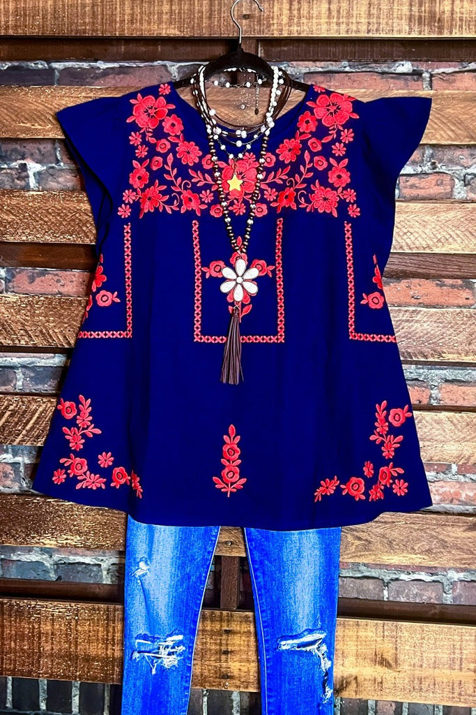 100% COTTON EMBROIDERED BLOUSE IN NAVY BLUE ------- SALE