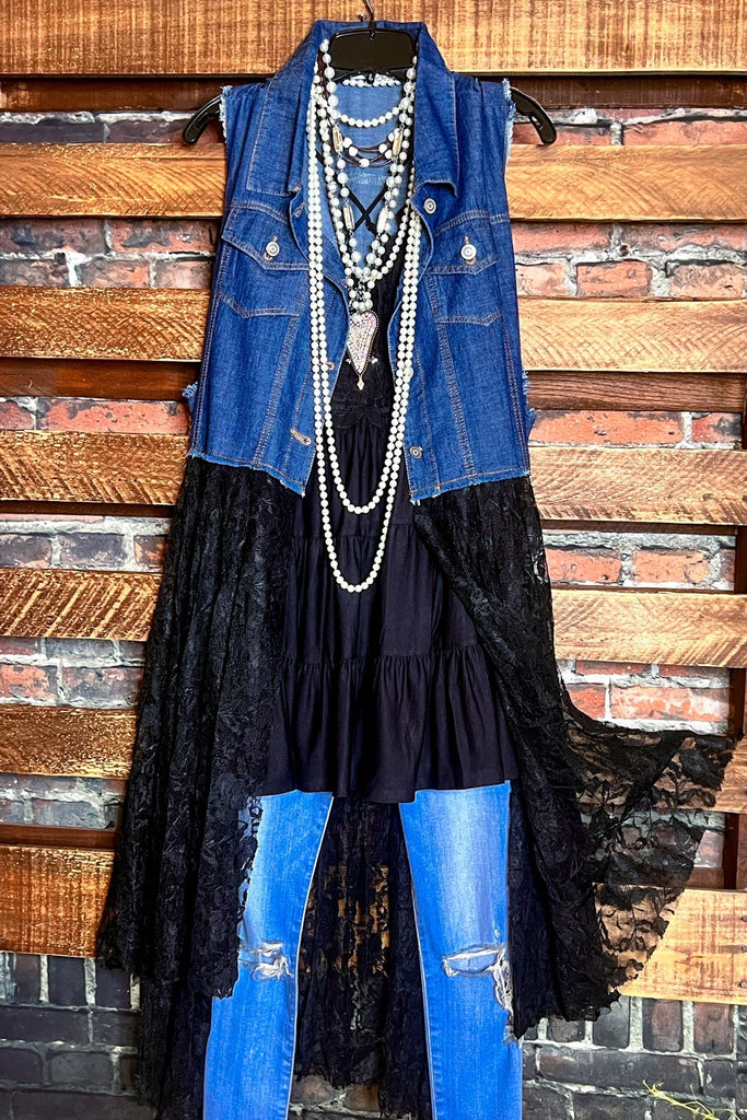 NEVER OUT OF STYLE BLUE DENIM & BLACK LACE LONG VEST