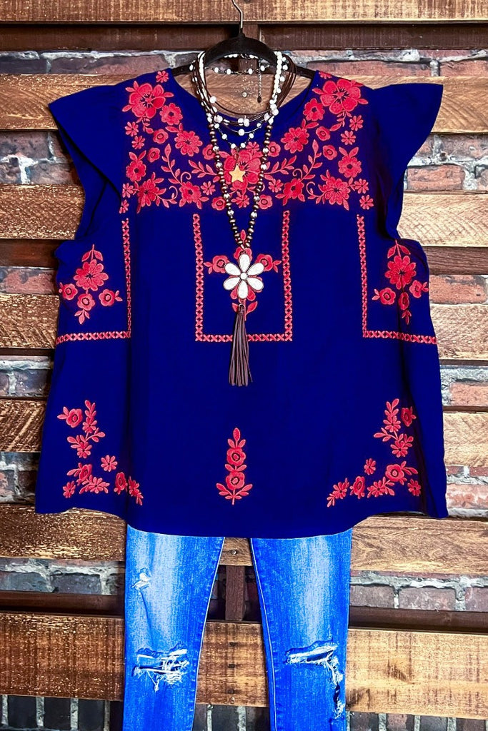 100% COTTON EMBROIDERED BLOUSE IN NAVY BLUE ------- SALE