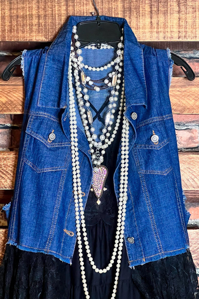 NEVER OUT OF STYLE BLUE DENIM & BLACK LACE LONG VEST