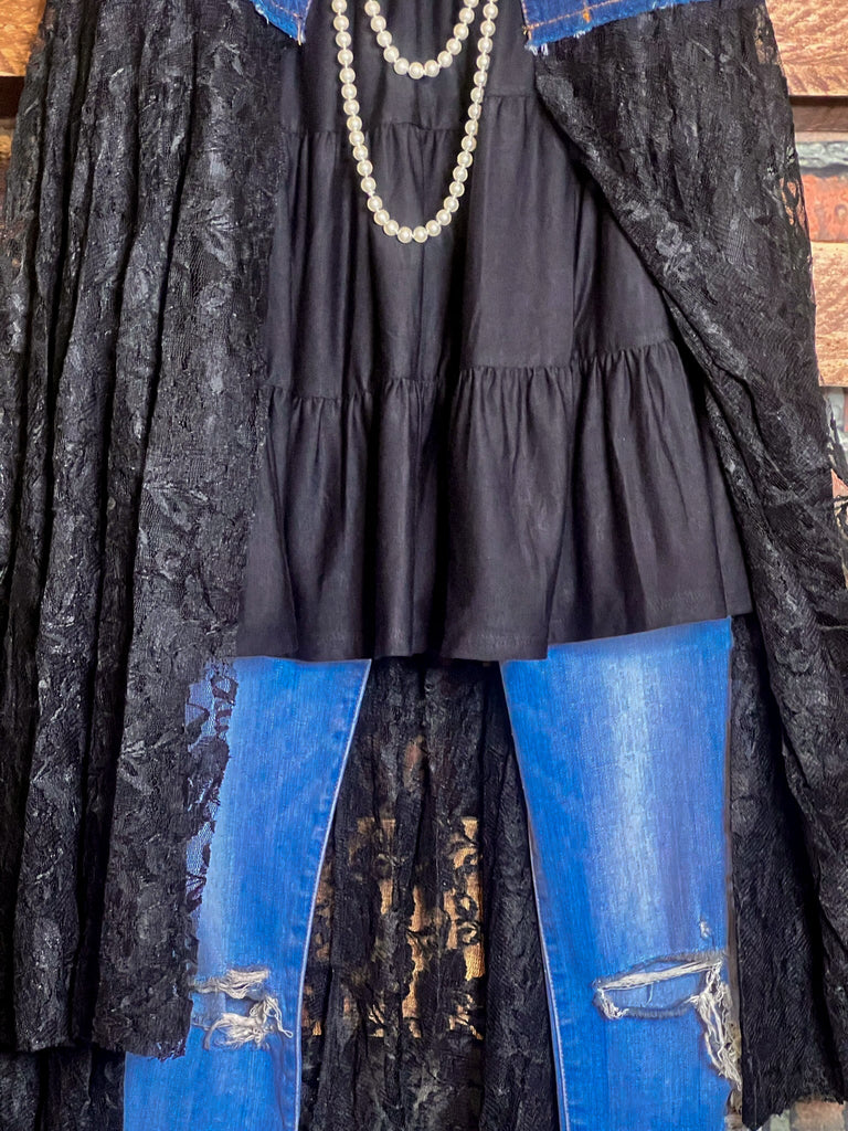 NEVER OUT OF STYLE BLUE DENIM & BLACK LACE LONG VEST