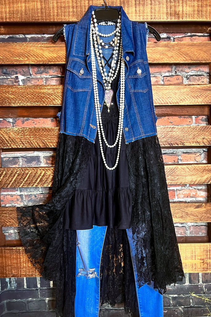 NEVER OUT OF STYLE BLUE DENIM & BLACK LACE LONG VEST