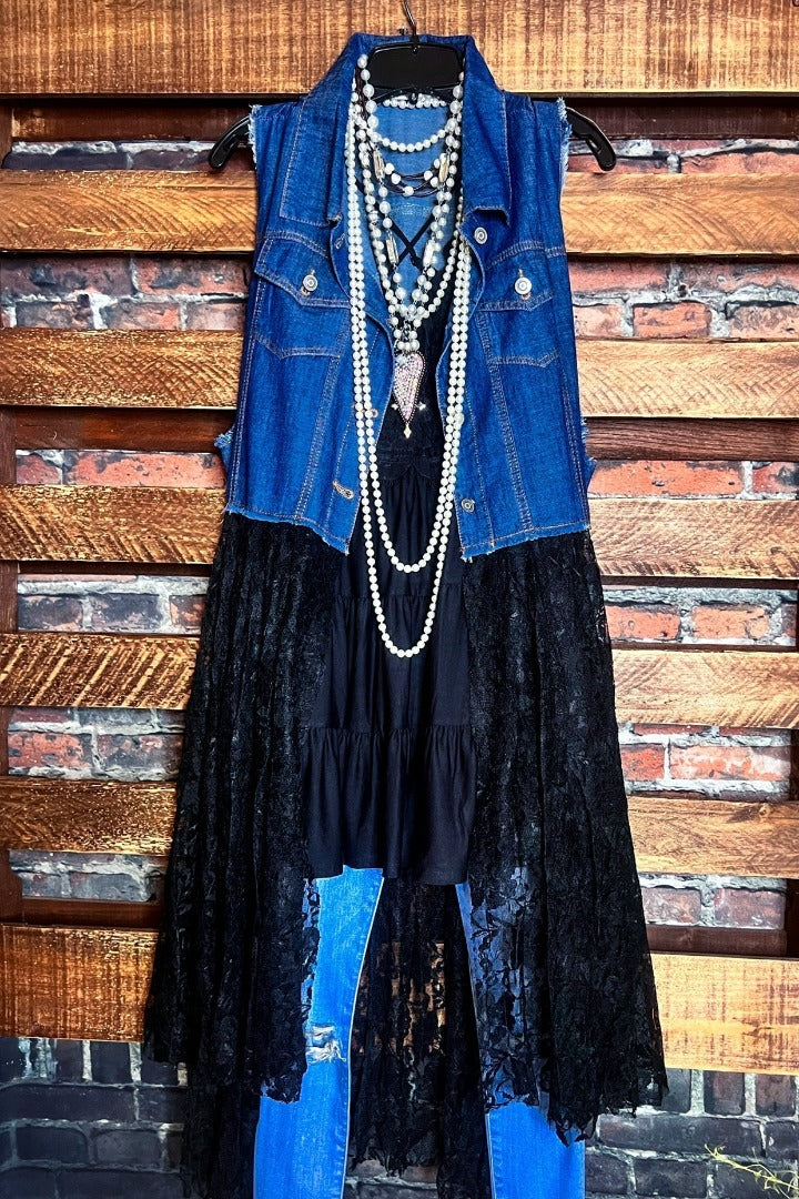 NEVER OUT OF STYLE FAB LONG VEST LACE & DENIM