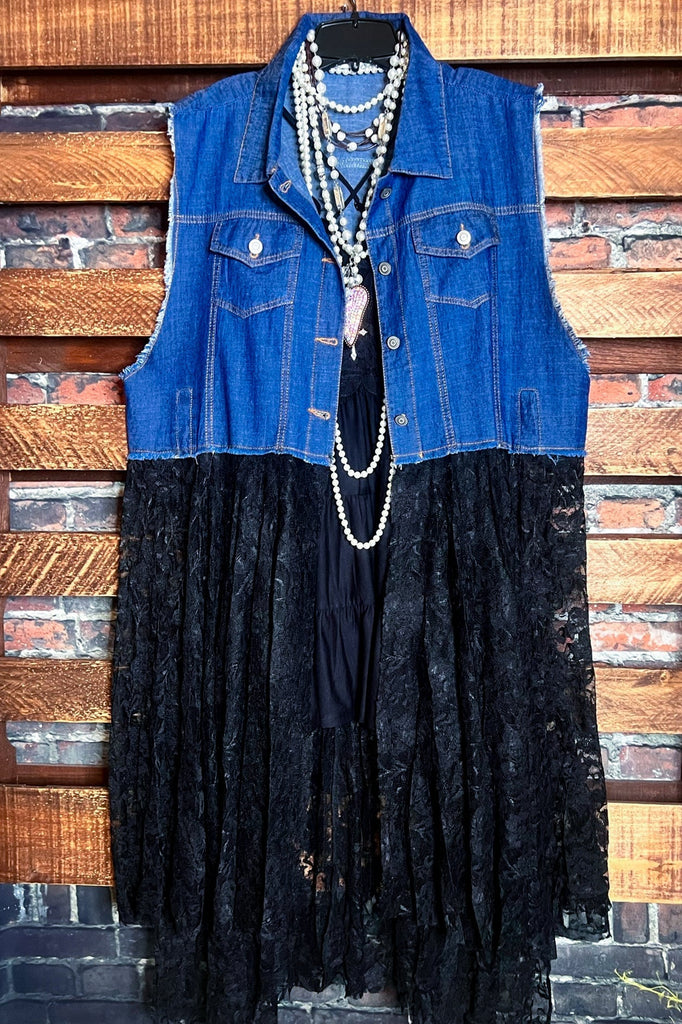 NEVER OUT OF STYLE BLUE DENIM & BLACK LACE LONG VEST