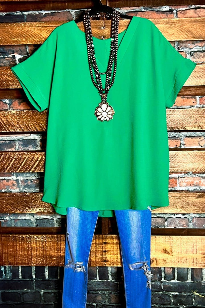 BEGIN AGAIN COMFY KELLY GREEN TOP BLOUSE