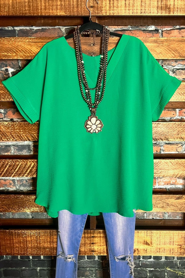 BEGIN AGAIN COMFY KELLY GREEN TOP BLOUSE