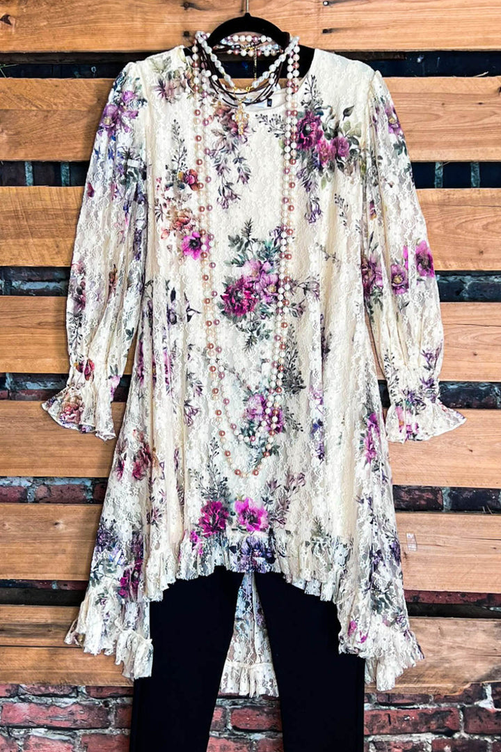 Best Of You Fab Lace Floral Dress Tunic Beige & Multi-Color