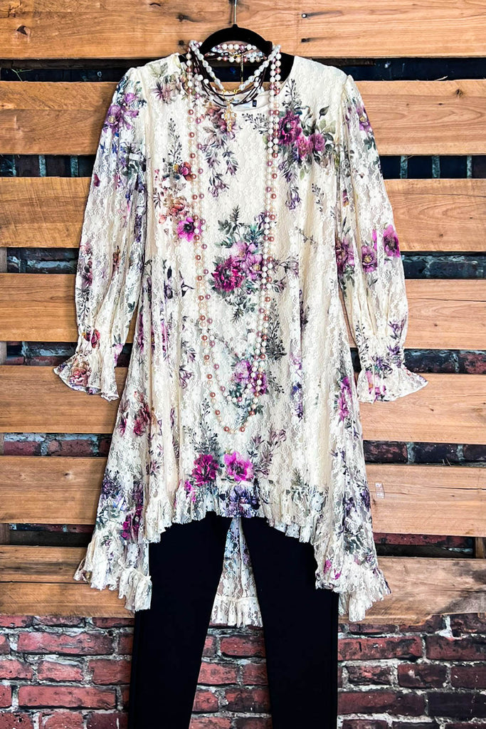LIKE AN ENCHANTED DREAM FAB FLORAL DRESS-TUNIC IN BEIGE & MULTI-COLOR